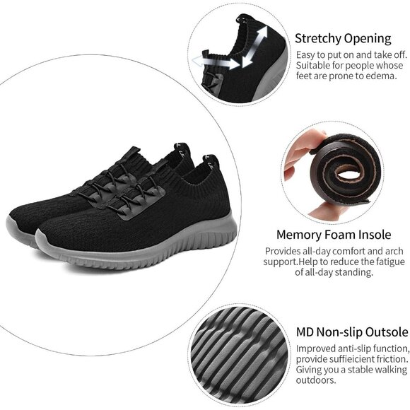 Tiosebon Womens Black Slip On Walking Lightweight Running Memory Foam Sneakers - Picture 6 of 7